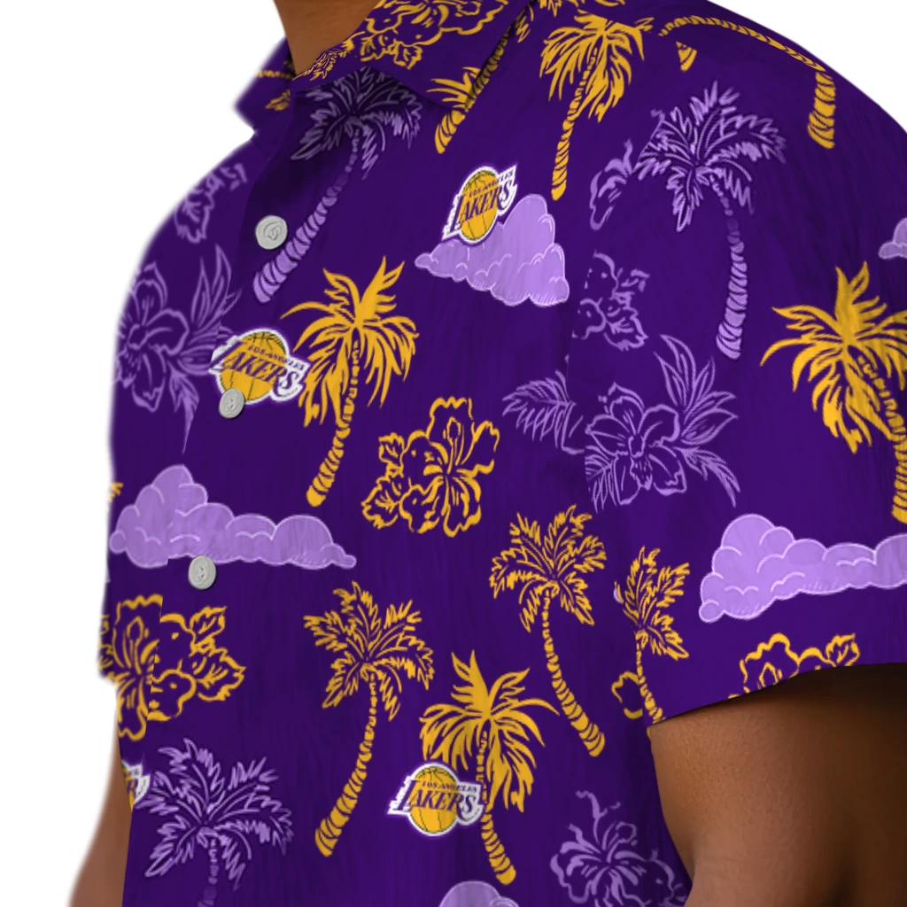 Los Angeles Lakers Hawaiian Shirt - Palm And Clouds los angeles lakers palm and clouds purple hawaiian shirts trendy