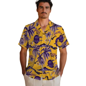 los angeles lakers palm sunset hawaiian shirts fashion forward