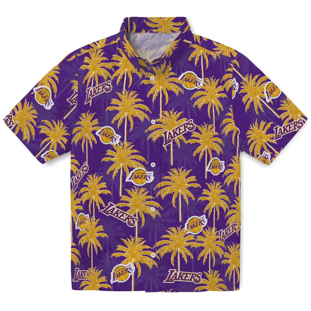 Los Angeles Lakers Hawaiian Shirt - Palm Tree Motif los angeles lakers palm grove purple hawaiian shirts best selling