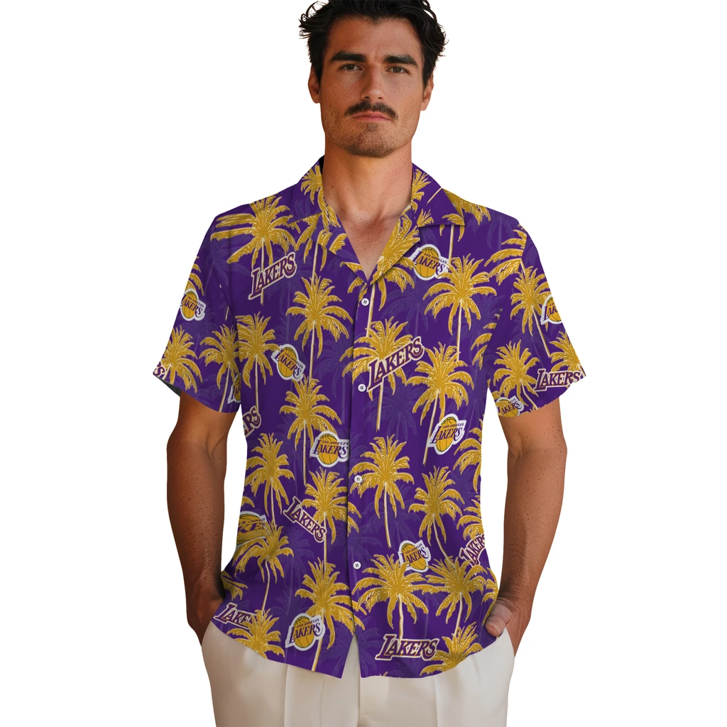 Los Angeles Lakers Hawaiian Shirt - Palm Tree Motif los angeles lakers palm grove purple hawaiian shirts fashion forward