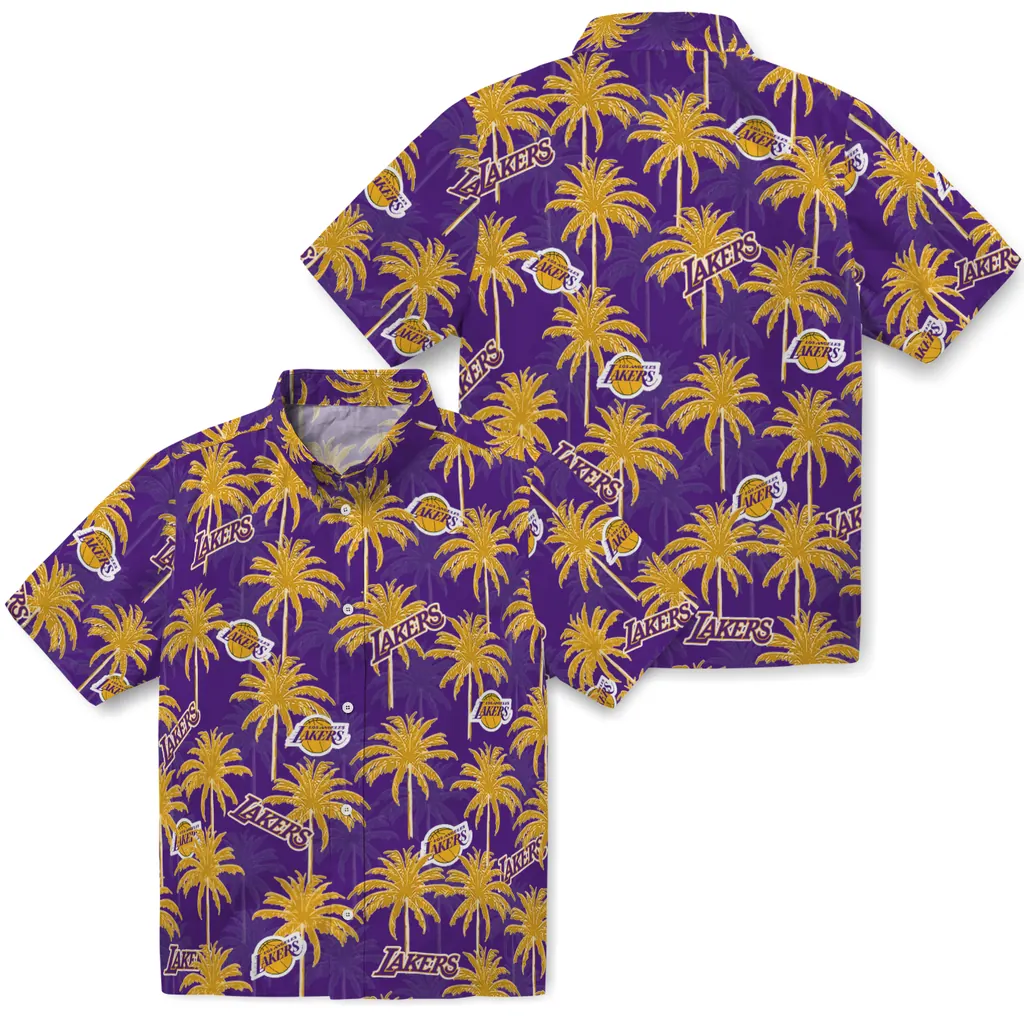 Los Angeles Lakers Hawaiian Shirt - Palm Tree Motif los angeles lakers palm grove purple hawaiian shirts high quality