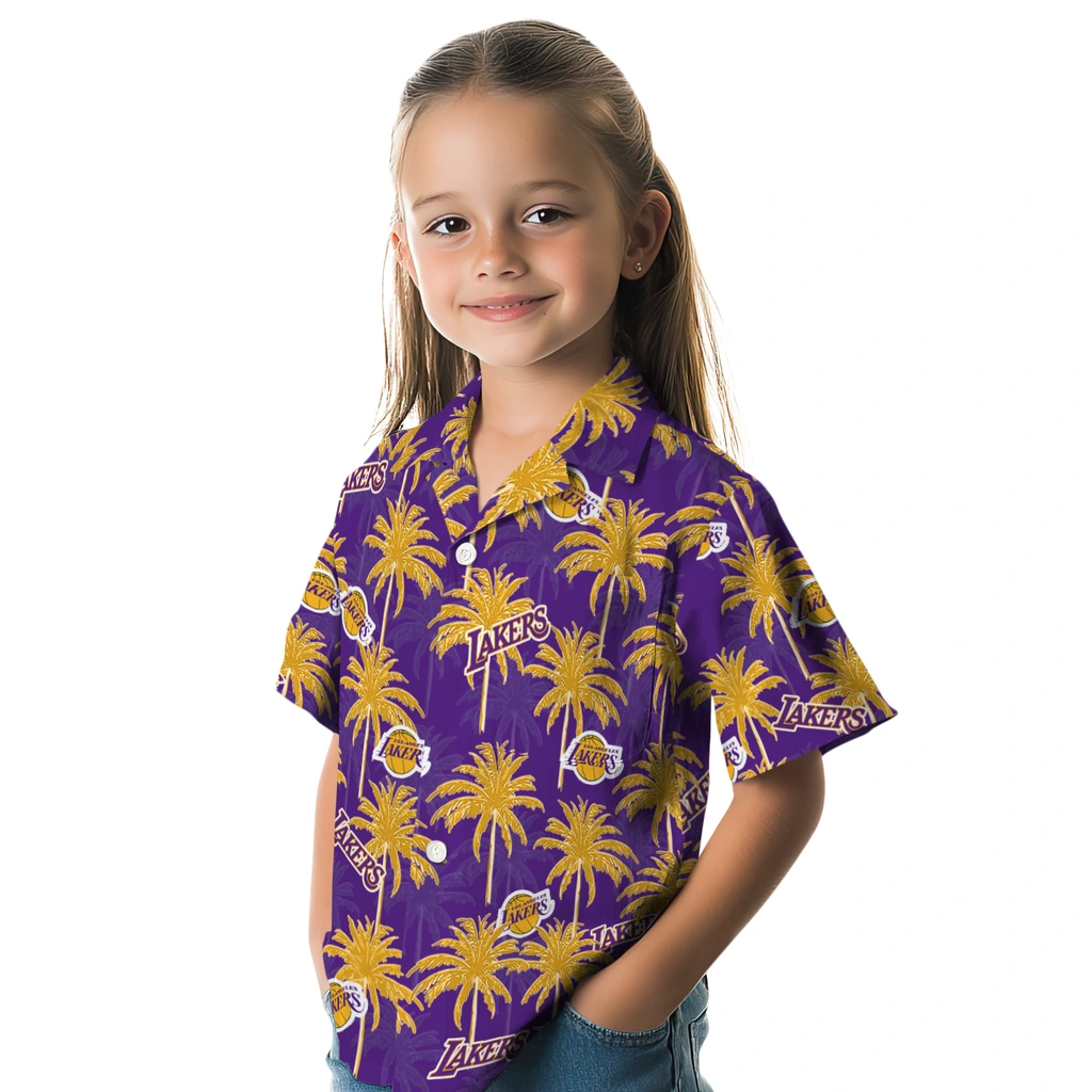 Los Angeles Lakers Hawaiian Shirt - Palm Tree Motif los angeles lakers palm grove purple hawaiian shirts premium grade