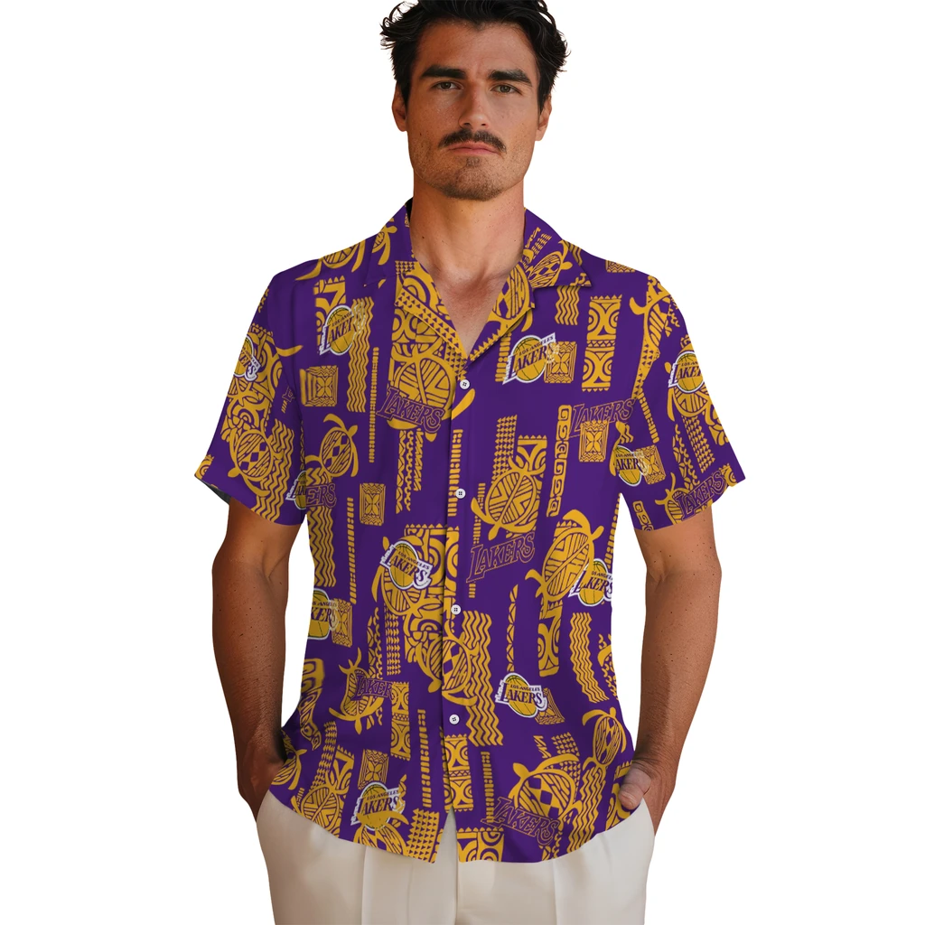 Los Angeles Lakers Hawaiian Shirt - Turtle Lines los angeles lakers turtle lines purple hawaiian shirts fashion forward