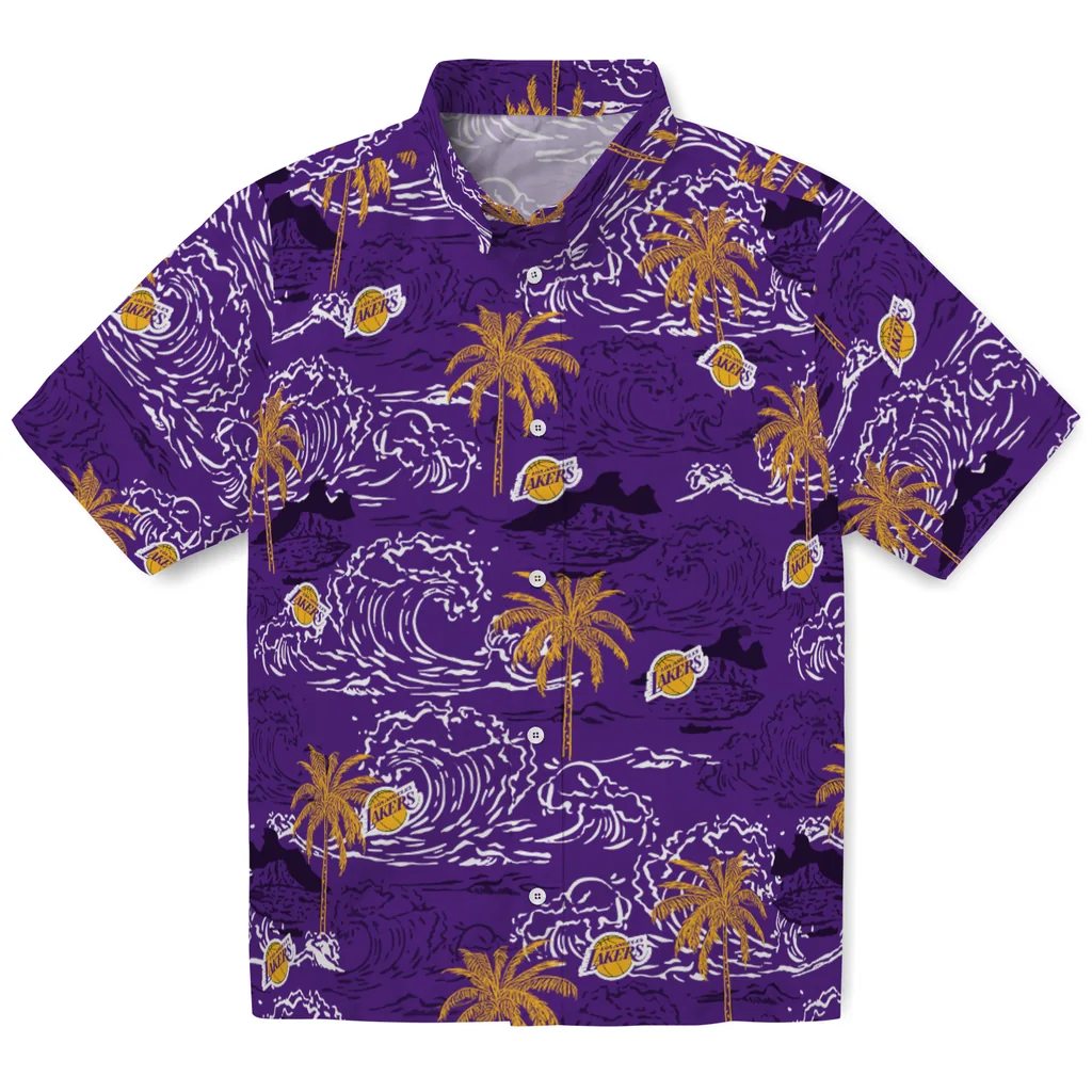Los Angeles Lakers Hawaiian Shirt - Wave Palm los angeles lakers wave palm purple hawaiian shirts best selling