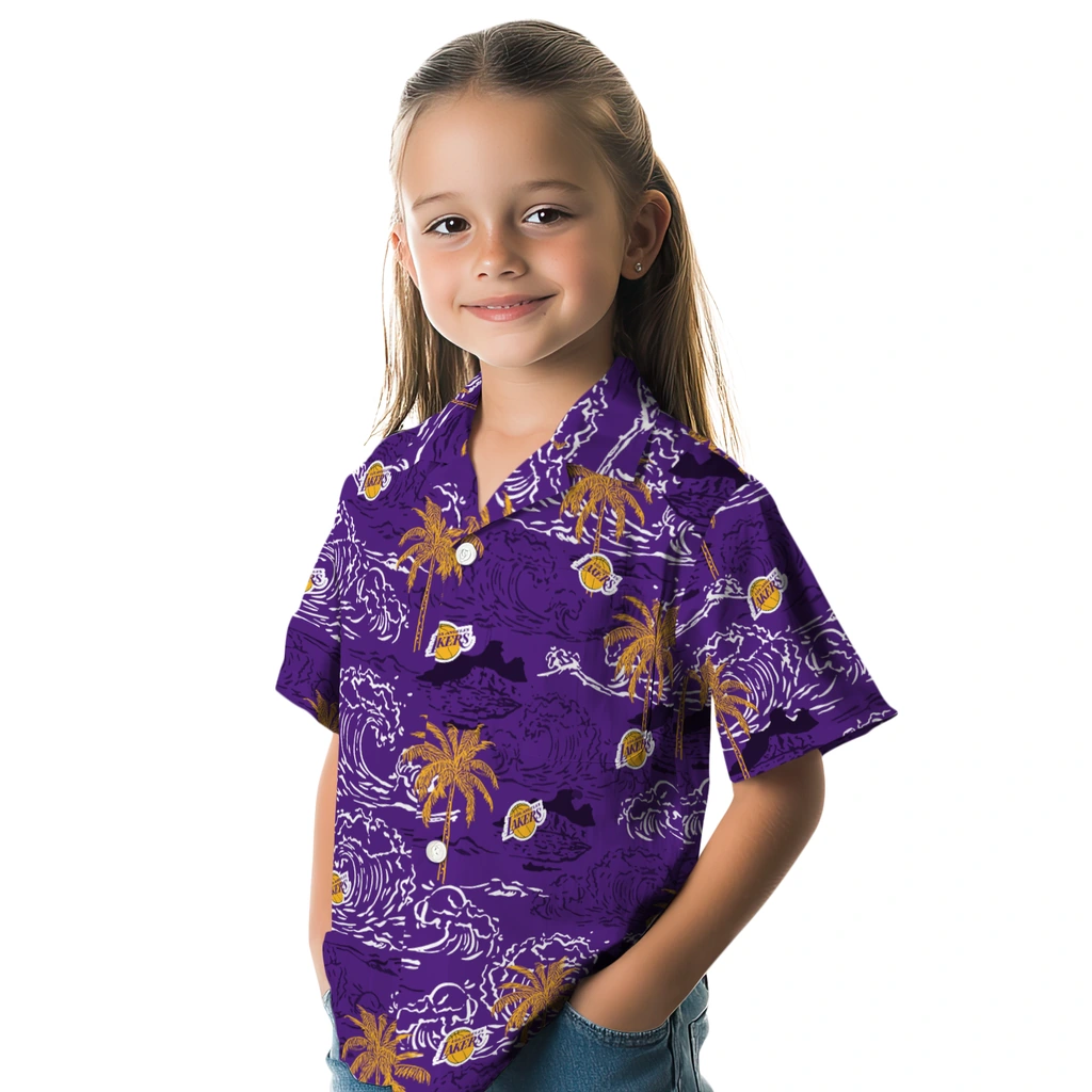 Los Angeles Lakers Hawaiian Shirt - Wave Palm los angeles lakers wave palm purple hawaiian shirts premium grade