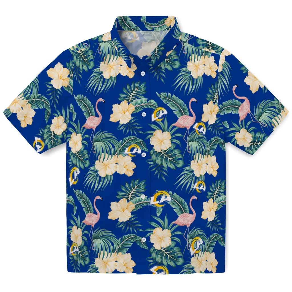 Los Angeles Rams Hawaiian Shirt - Flamingo and Hibiscus los angeles rams flamingo palms blue hawaiian shirts best selling