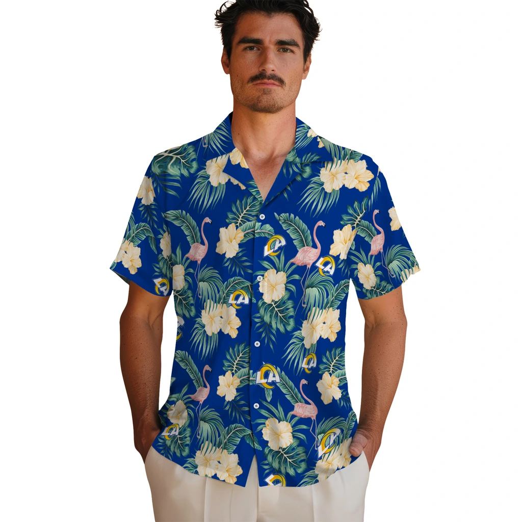 Los Angeles Rams Hawaiian Shirt - Flamingo and Hibiscus los angeles rams flamingo palms blue hawaiian shirts fashion forward