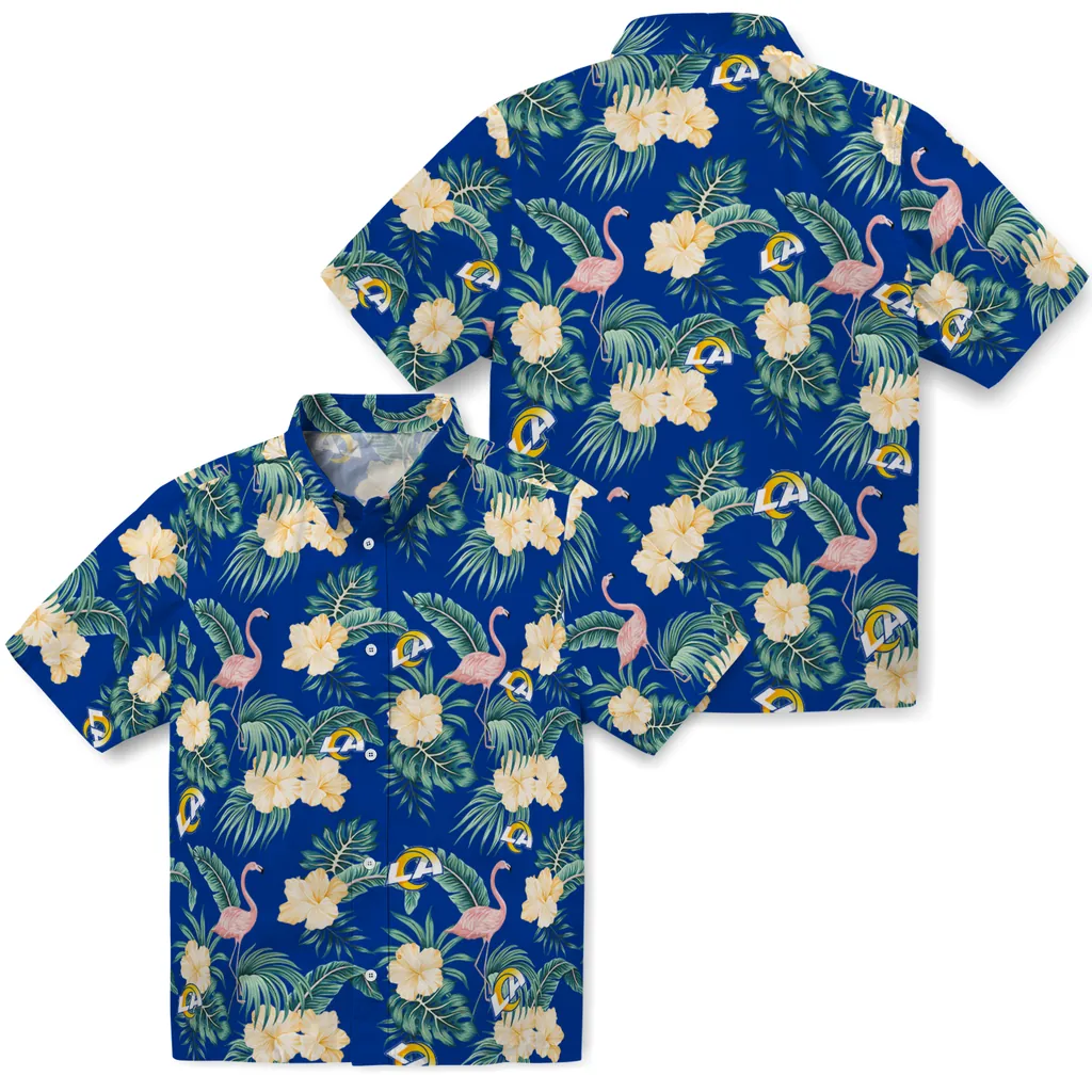Los Angeles Rams Hawaiian Shirt - Flamingo and Hibiscus los angeles rams flamingo palms blue hawaiian shirts high quality