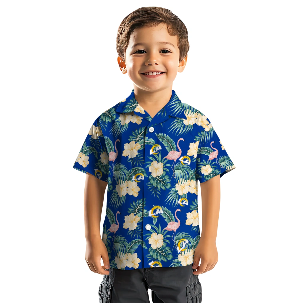 Los Angeles Rams Hawaiian Shirt - Flamingo and Hibiscus los angeles rams flamingo palms blue hawaiian shirts top rated