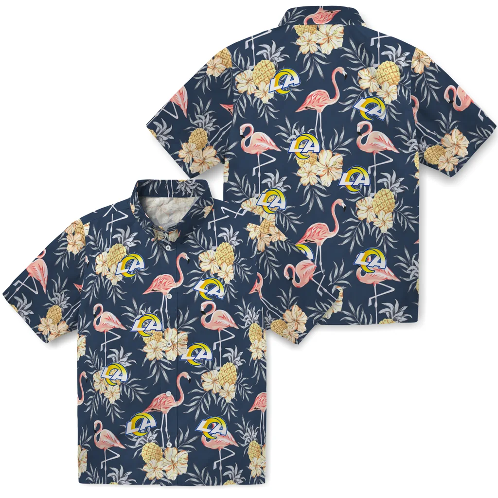 Los Angeles Rams Hawaiian Shirt - Flamingo Hibiscus los angeles rams flamingo hibiscus navy hawaiian shirts high quality