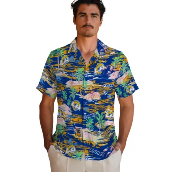 los angeles rams flamingo retreat blue hawaiian shirts fashion forward