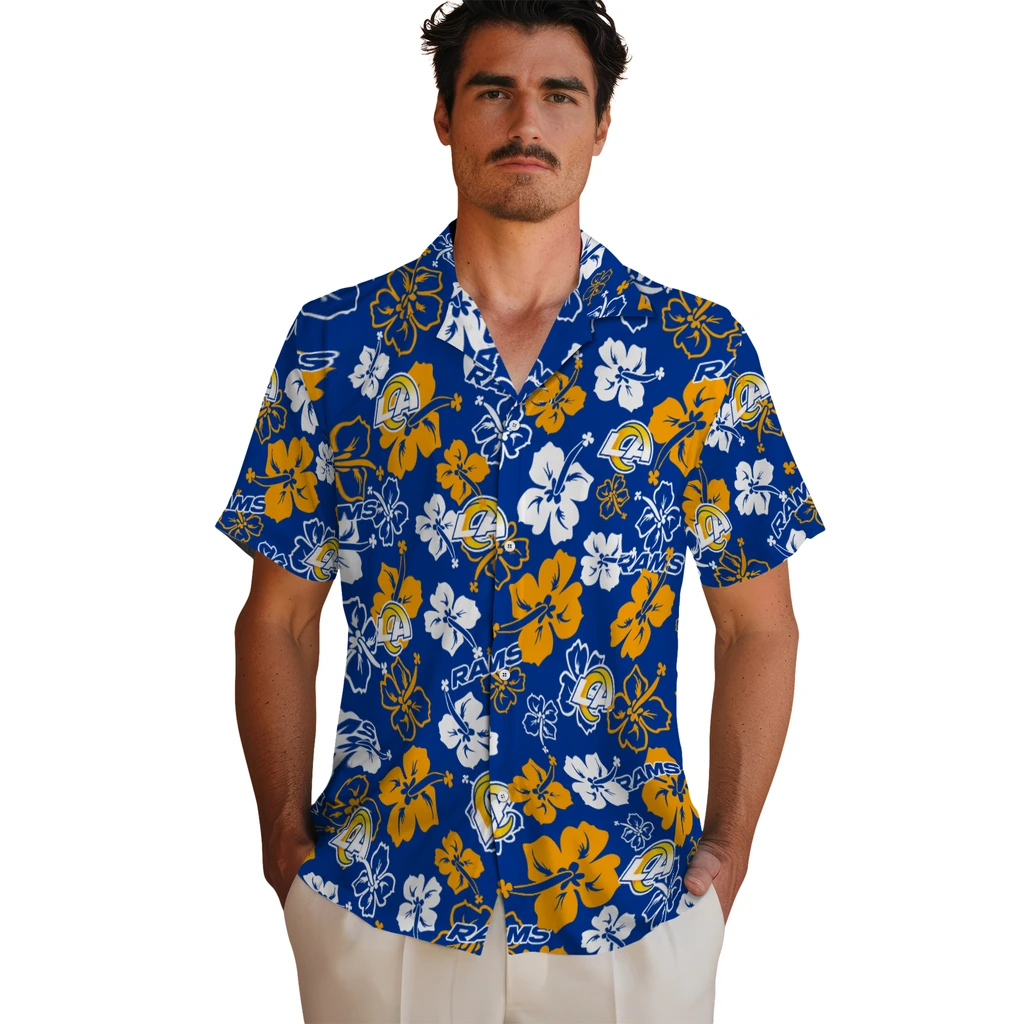 Los Angeles Rams Hawaiian Shirt - Hibiscus Flower Design los angeles rams hibiscus bloom blue hawaiian shirts fashion forward