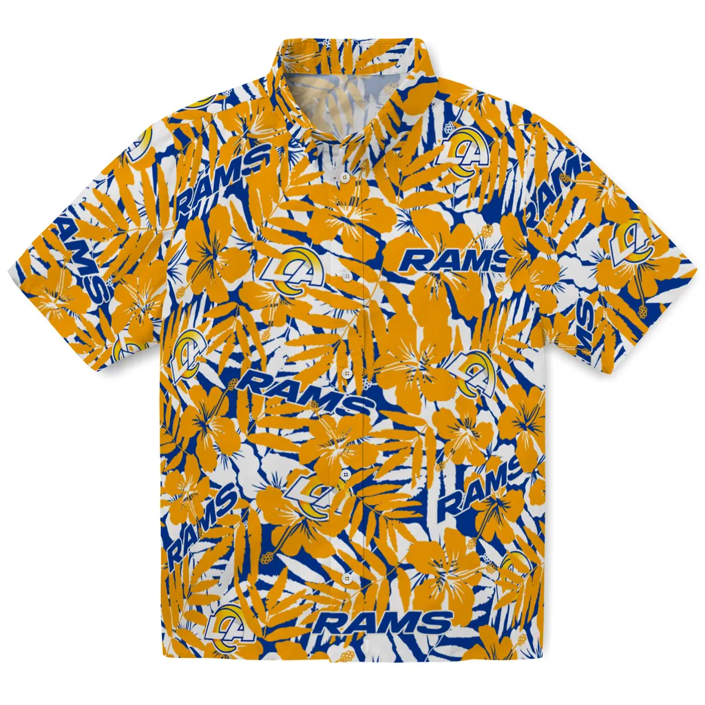 Los Angeles Rams Hawaiian Shirt - Hibiscus Overlay los angeles rams hibiscus overlay hawaiian shirts best selling