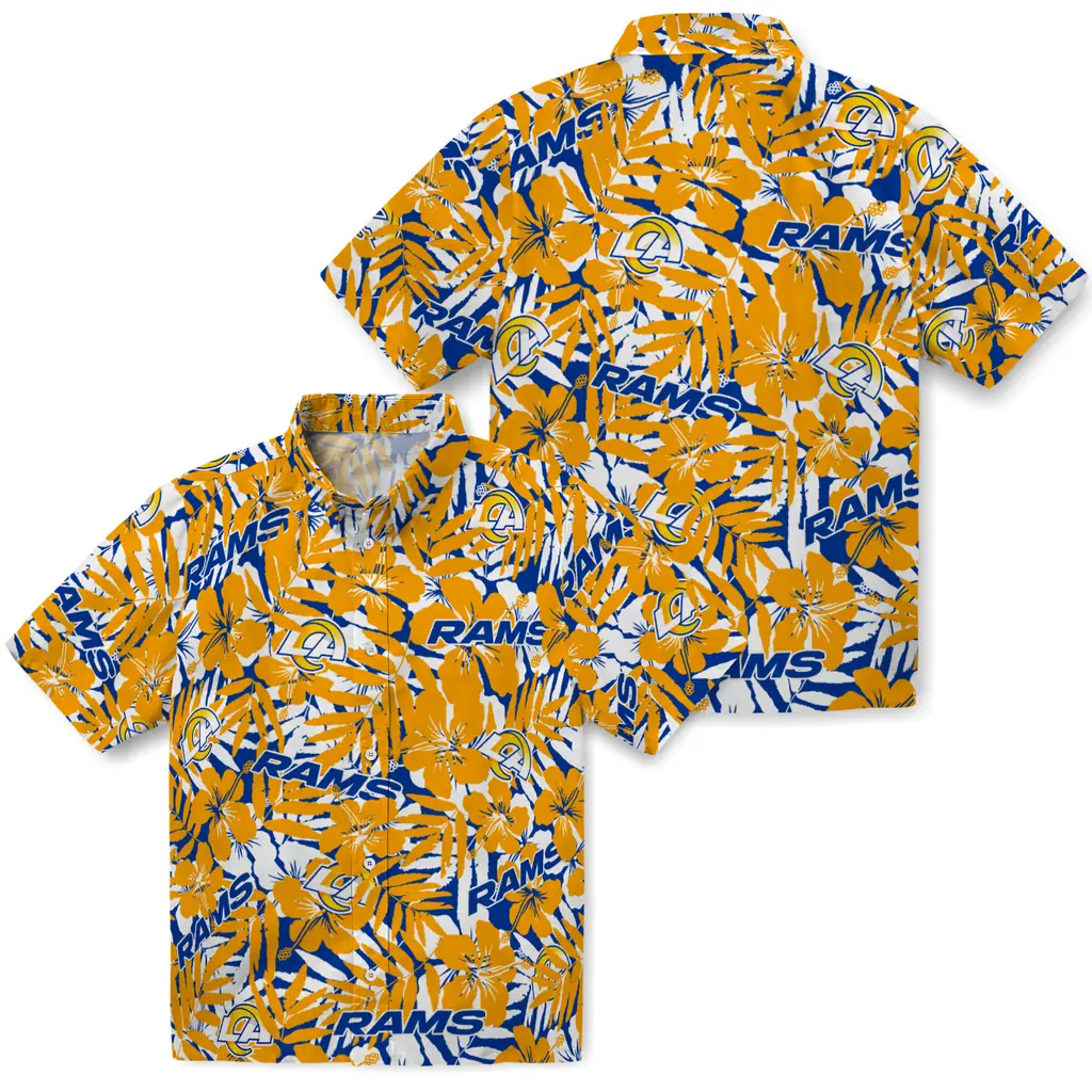 Los Angeles Rams Hawaiian Shirt - Hibiscus Overlay los angeles rams hibiscus overlay hawaiian shirts high quality