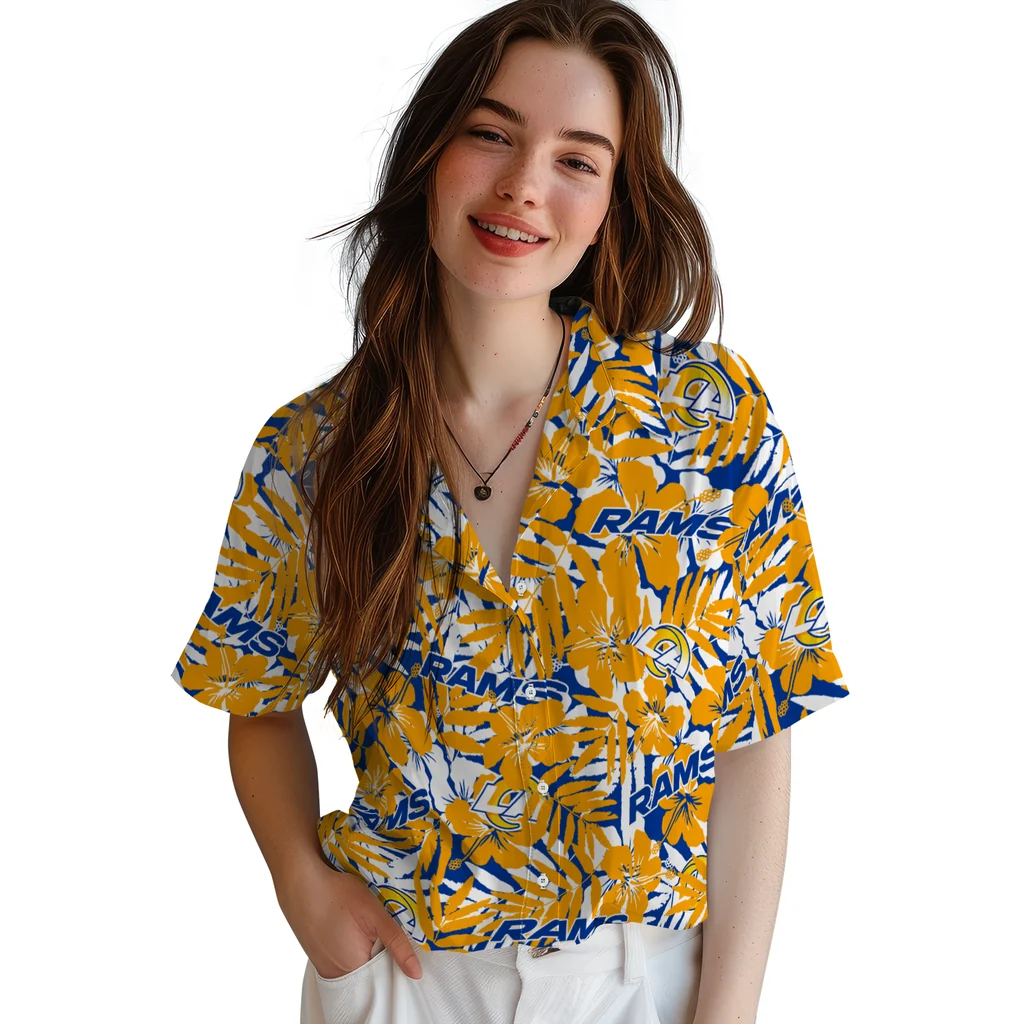 Los Angeles Rams Hawaiian Shirt - Hibiscus Overlay los angeles rams hibiscus overlay hawaiian shirts latest model