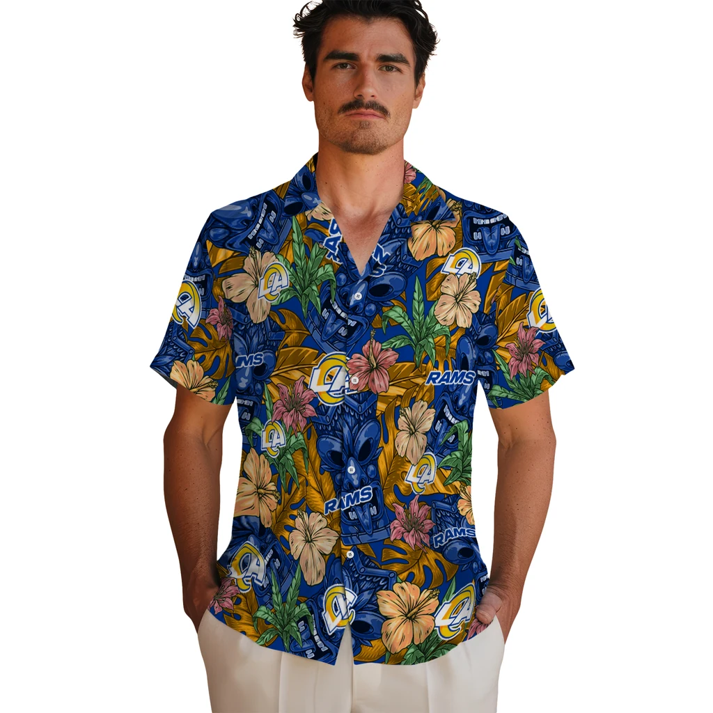 Los Angeles Rams Hawaiian Shirt - Hibiscus Tiki Jungle los angeles rams tiki jungle blue hawaiian shirts fashion forward