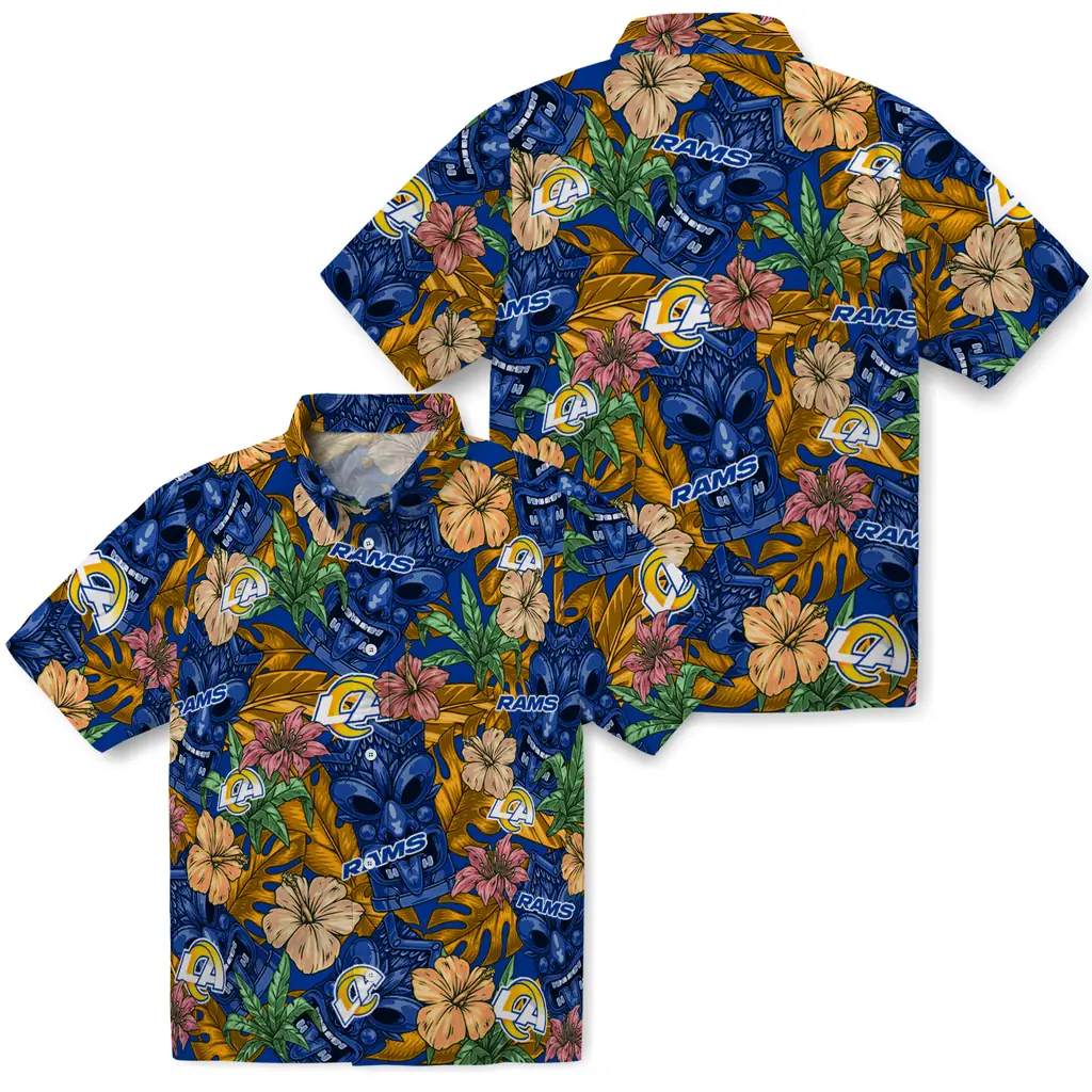 Los Angeles Rams Hawaiian Shirt - Hibiscus Tiki Jungle los angeles rams tiki jungle blue hawaiian shirts high quality