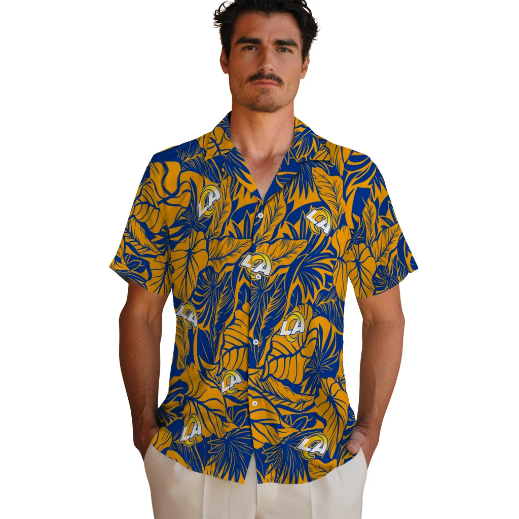 Los Angeles Rams Hawaiian Shirt - Monstera Layer los angeles rams monstera layer blue hawaiian shirts fashion forward