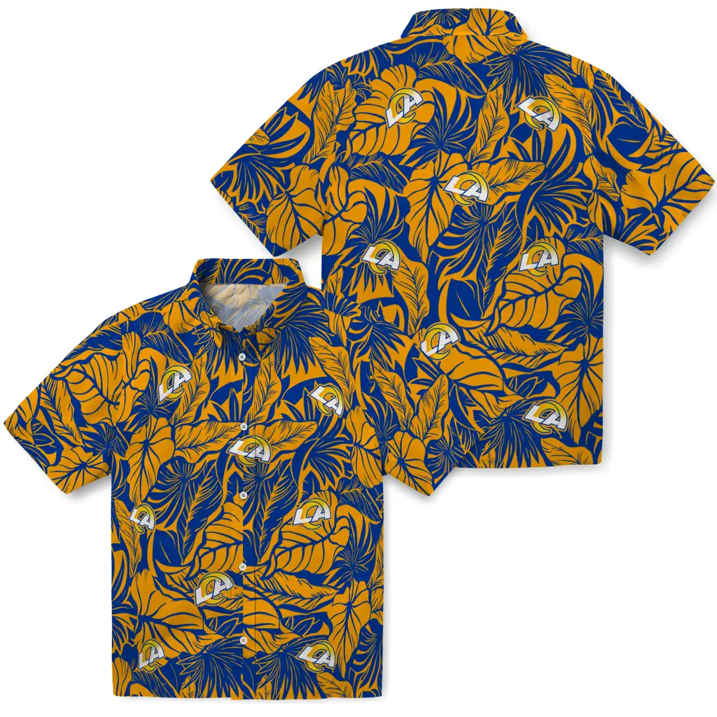 Los Angeles Rams Hawaiian Shirt - Monstera Layer los angeles rams monstera layer blue hawaiian shirts high quality