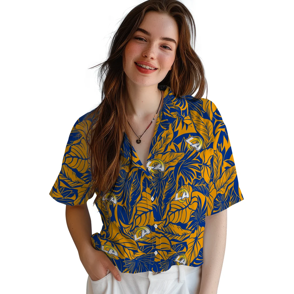 Los Angeles Rams Hawaiian Shirt - Monstera Layer los angeles rams monstera layer blue hawaiian shirts latest model