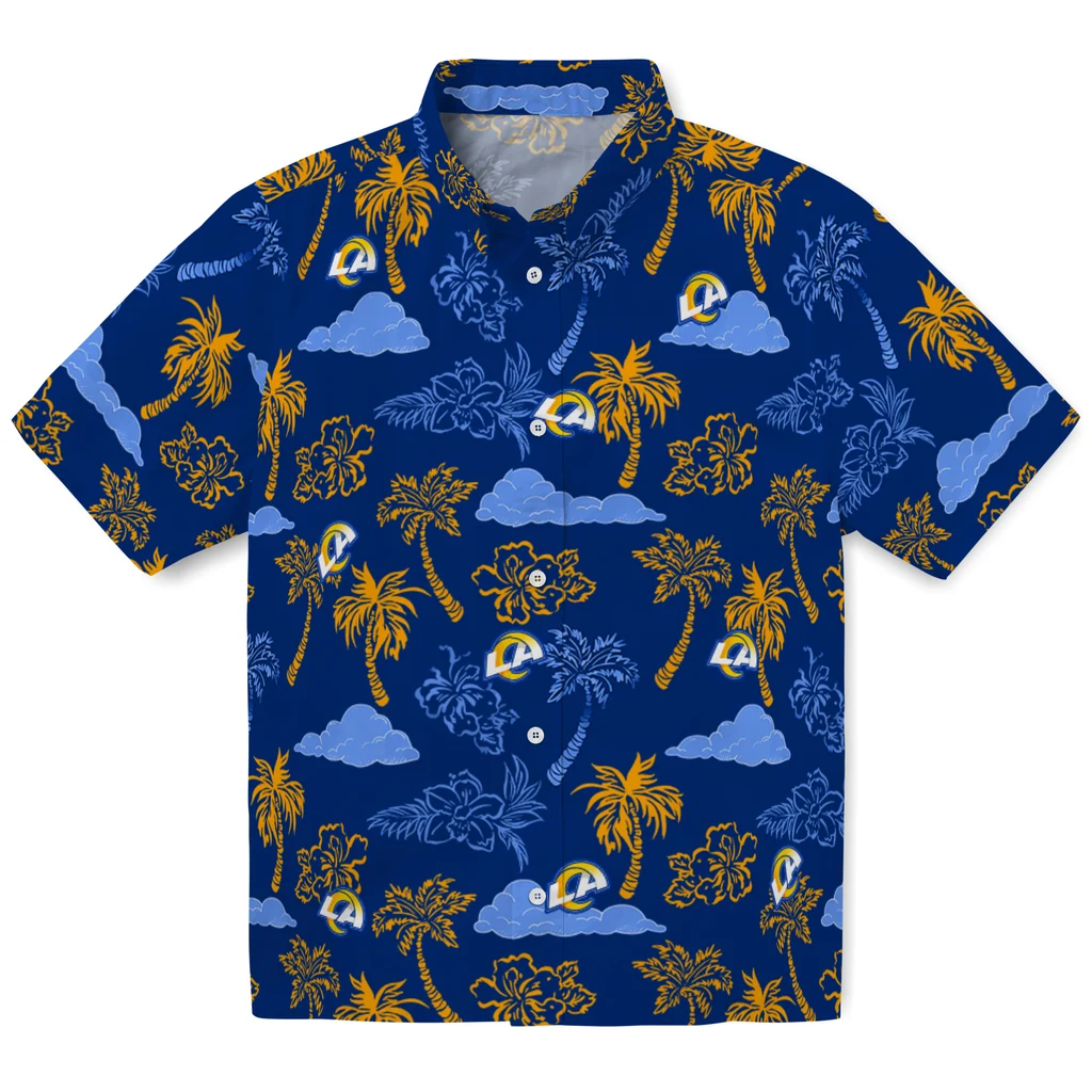 Los Angeles Rams Hawaiian Shirt - Palm And Clouds los angeles rams palm and clouds blue hawaiian shirts best selling