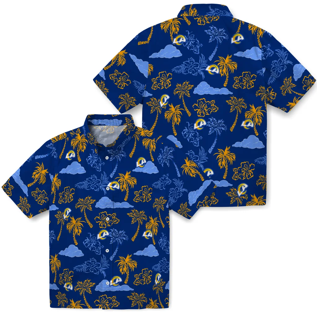 Los Angeles Rams Hawaiian Shirt - Palm And Clouds los angeles rams palm and clouds blue hawaiian shirts high quality