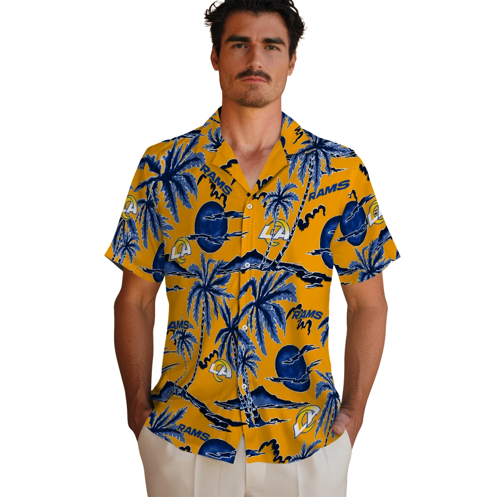 Los Angeles Rams Hawaiian Shirt - Palm Sunset los angeles rams palm sunset hawaiian shirts fashion forward