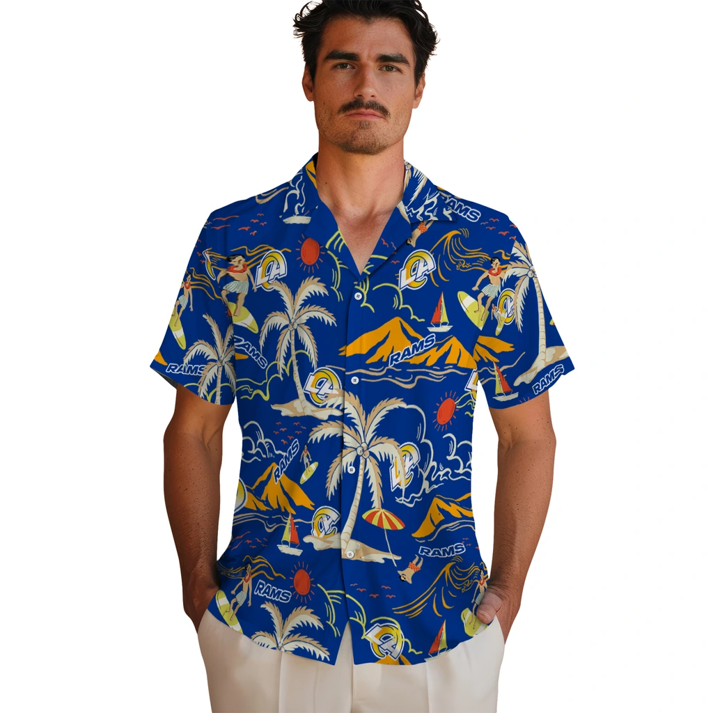 Los Angeles Rams Hawaiian Shirt - Palm Tree Island los angeles rams palm tree island blue hawaiian shirts fashion forward