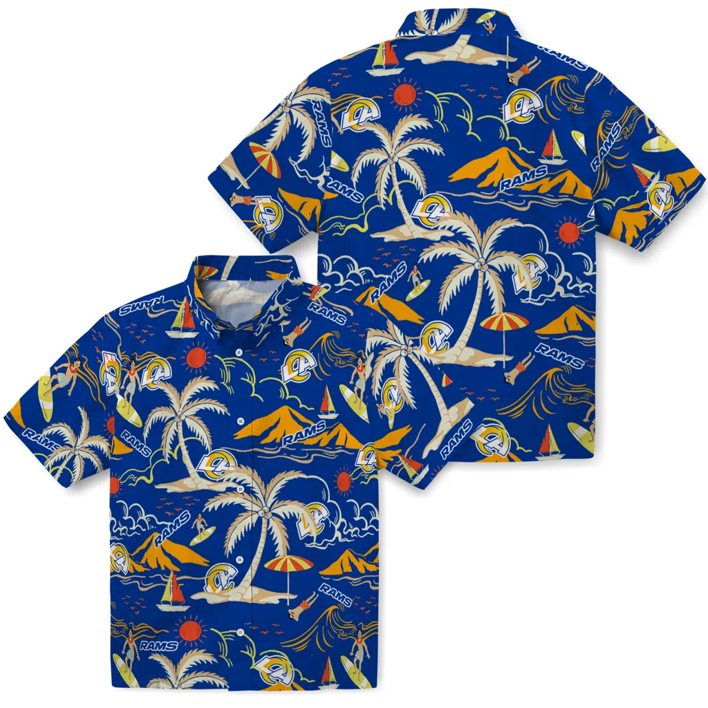 Los Angeles Rams Hawaiian Shirt - Palm Tree Island los angeles rams palm tree island blue hawaiian shirts high quality