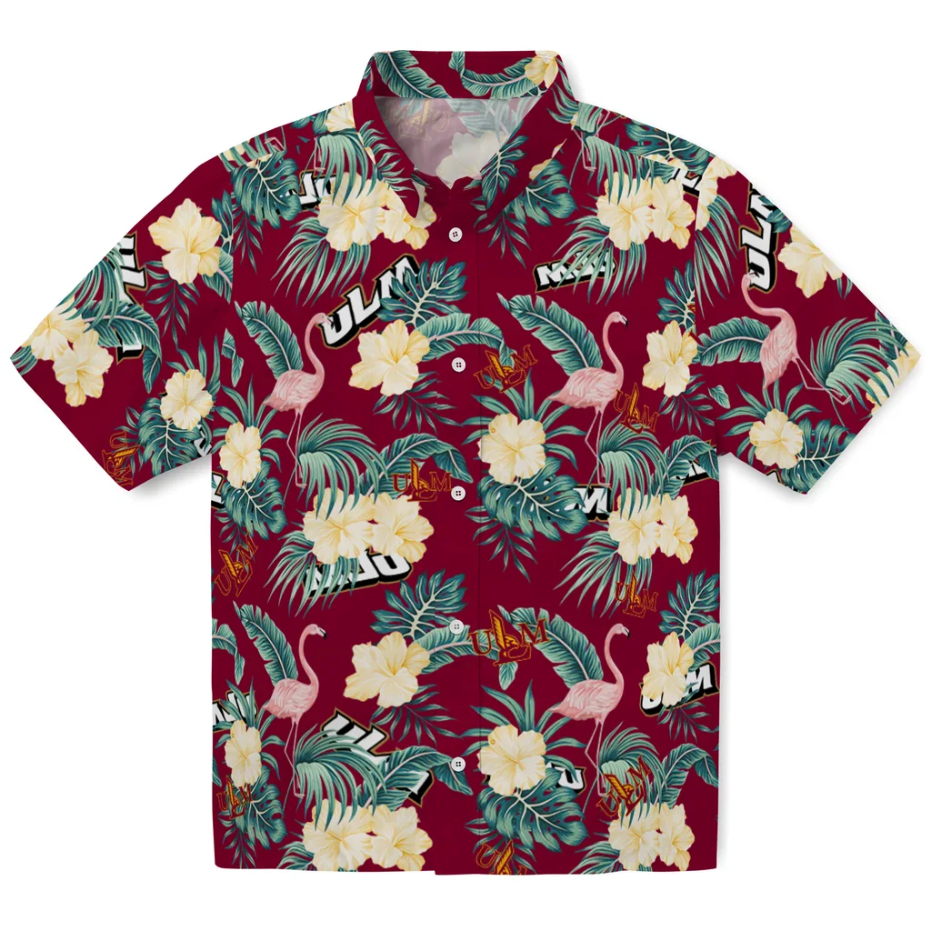 Louisiana-Monroe Warhawks Hawaiian Shirt - Flamingo and Hibiscus louisiana monroe warhawks flamingo palms red hawaiian shirts best selling