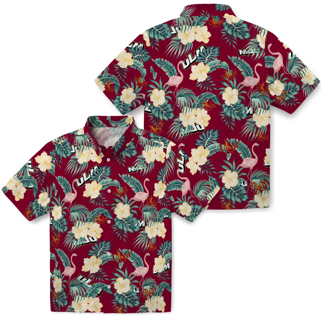 Louisiana-Monroe Warhawks Hawaiian Shirt - Flamingo and Hibiscus louisiana monroe warhawks flamingo palms red hawaiian shirts high quality