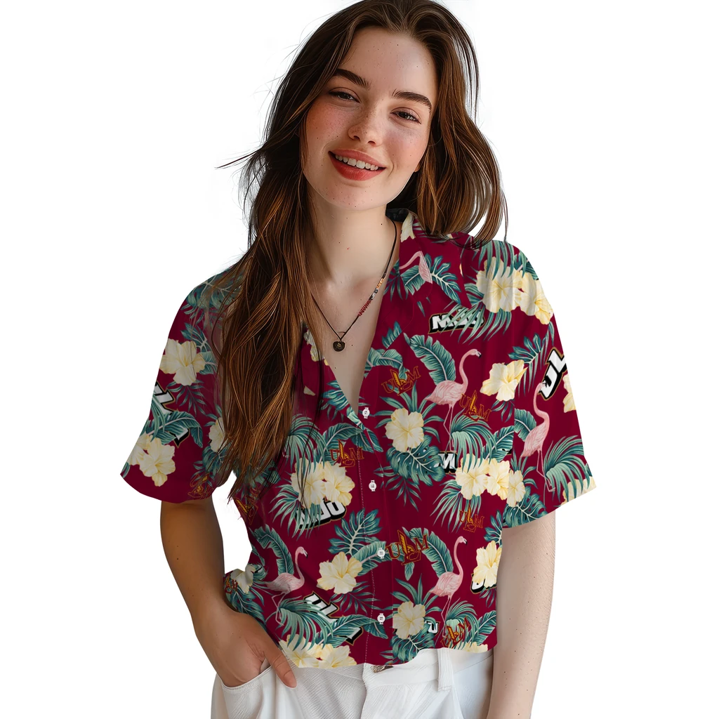 Louisiana-Monroe Warhawks Hawaiian Shirt - Flamingo and Hibiscus louisiana monroe warhawks flamingo palms red hawaiian shirts latest model