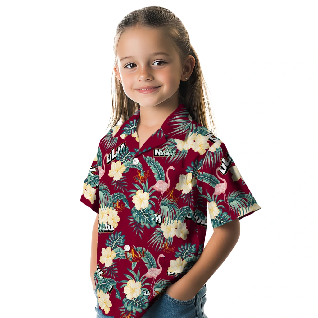 Louisiana-Monroe Warhawks Hawaiian Shirt - Flamingo and Hibiscus louisiana monroe warhawks flamingo palms red hawaiian shirts premium grade