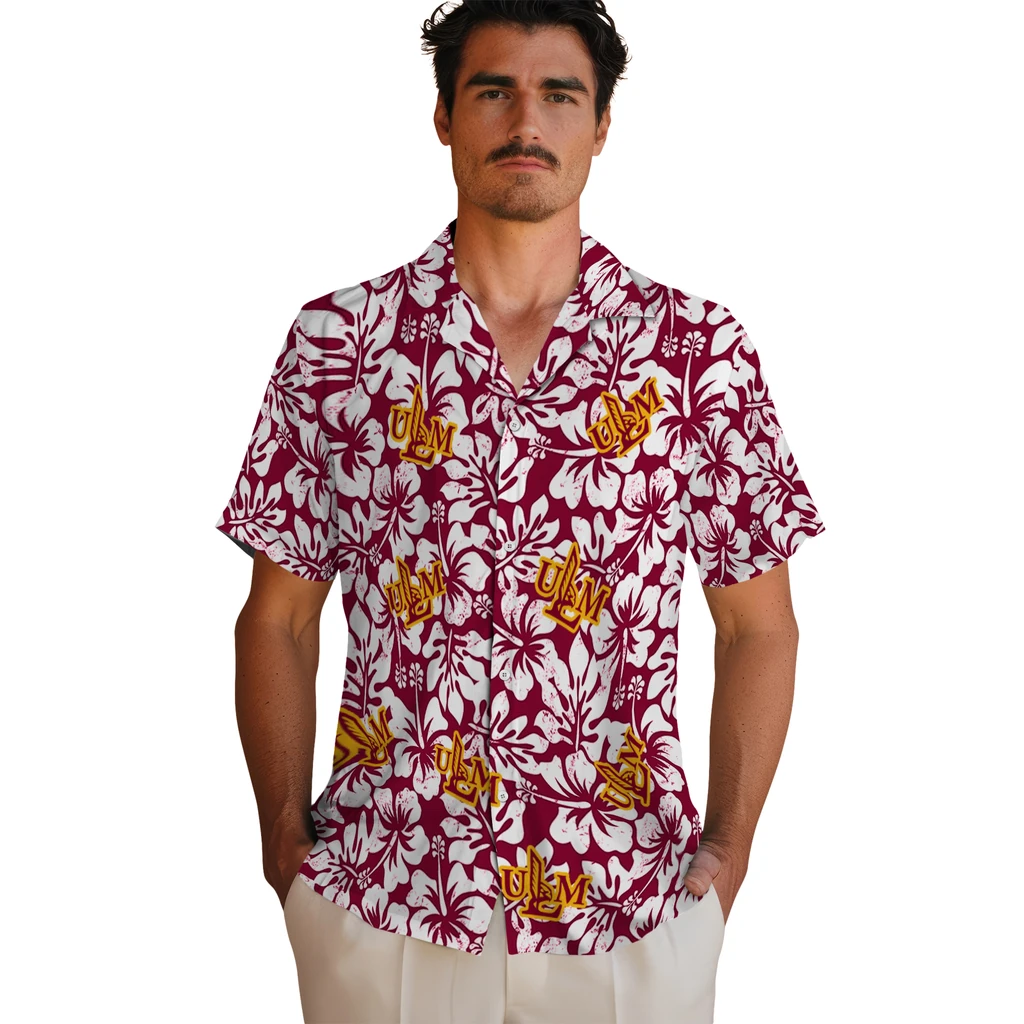 Louisiana-Monroe Warhawks Hawaiian Shirt - Hibiscus Motif louisiana monroe warhawks hibiscus motif red white hawaiian shirts fashion forward