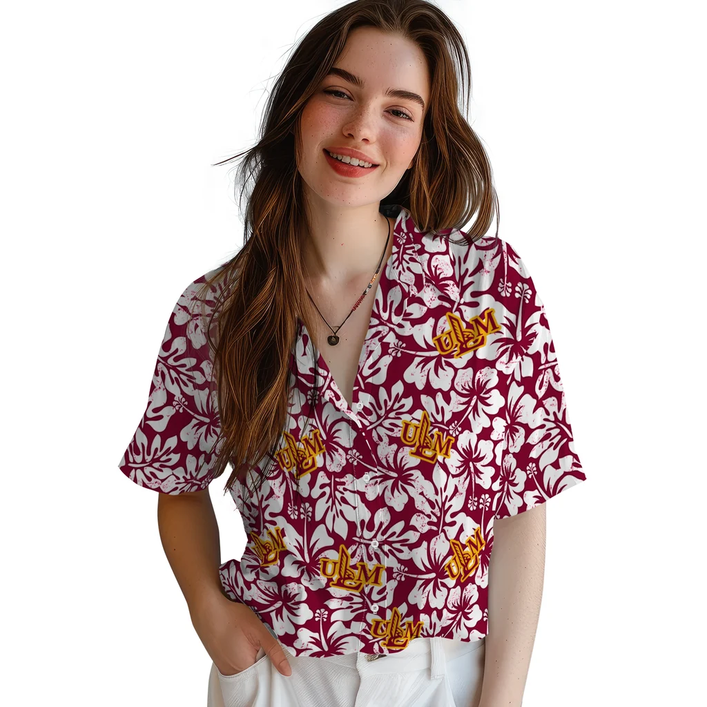 Louisiana-Monroe Warhawks Hawaiian Shirt - Hibiscus Motif louisiana monroe warhawks hibiscus motif red white hawaiian shirts latest model