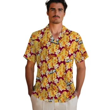 louisiana monroe warhawks hibiscus tropics red yellow hawaiian shirts fashion forward