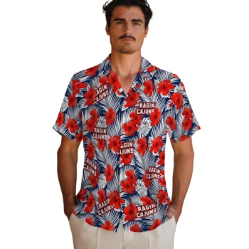 louisiana ragin cajuns hibiscus fiesta red royal blue hawaiian shirts fashion forward