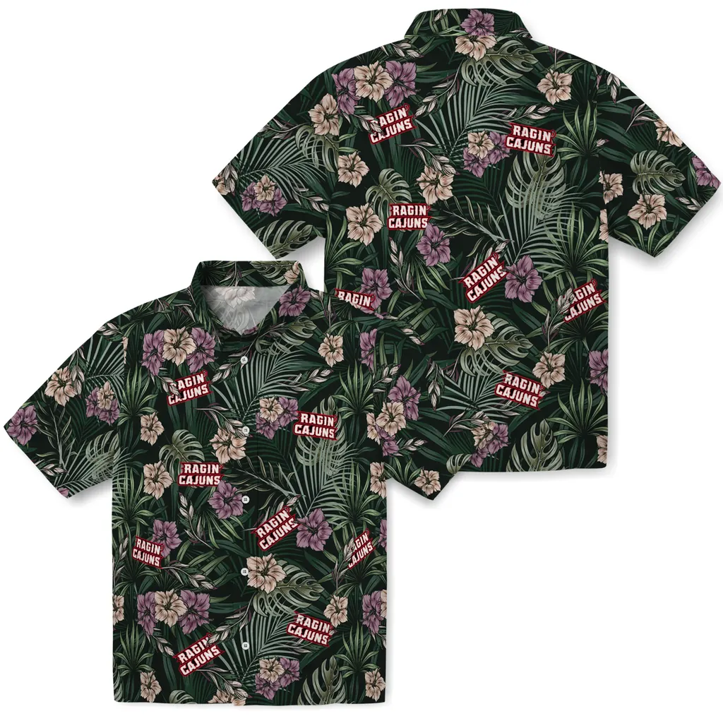 Louisiana Ragin' Cajuns Hawaiian Shirt - Hibiscus Leaves Pattern louisiana ragin cajuns hibiscus leaves pattern green hawaiian shirts high quality