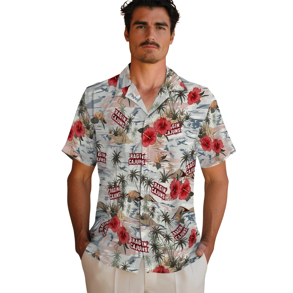 Louisiana Ragin' Cajuns Hawaiian Shirt - Hibiscus Seaside louisiana ragin cajuns hibiscus seaside white hawaiian shirts fashion forward