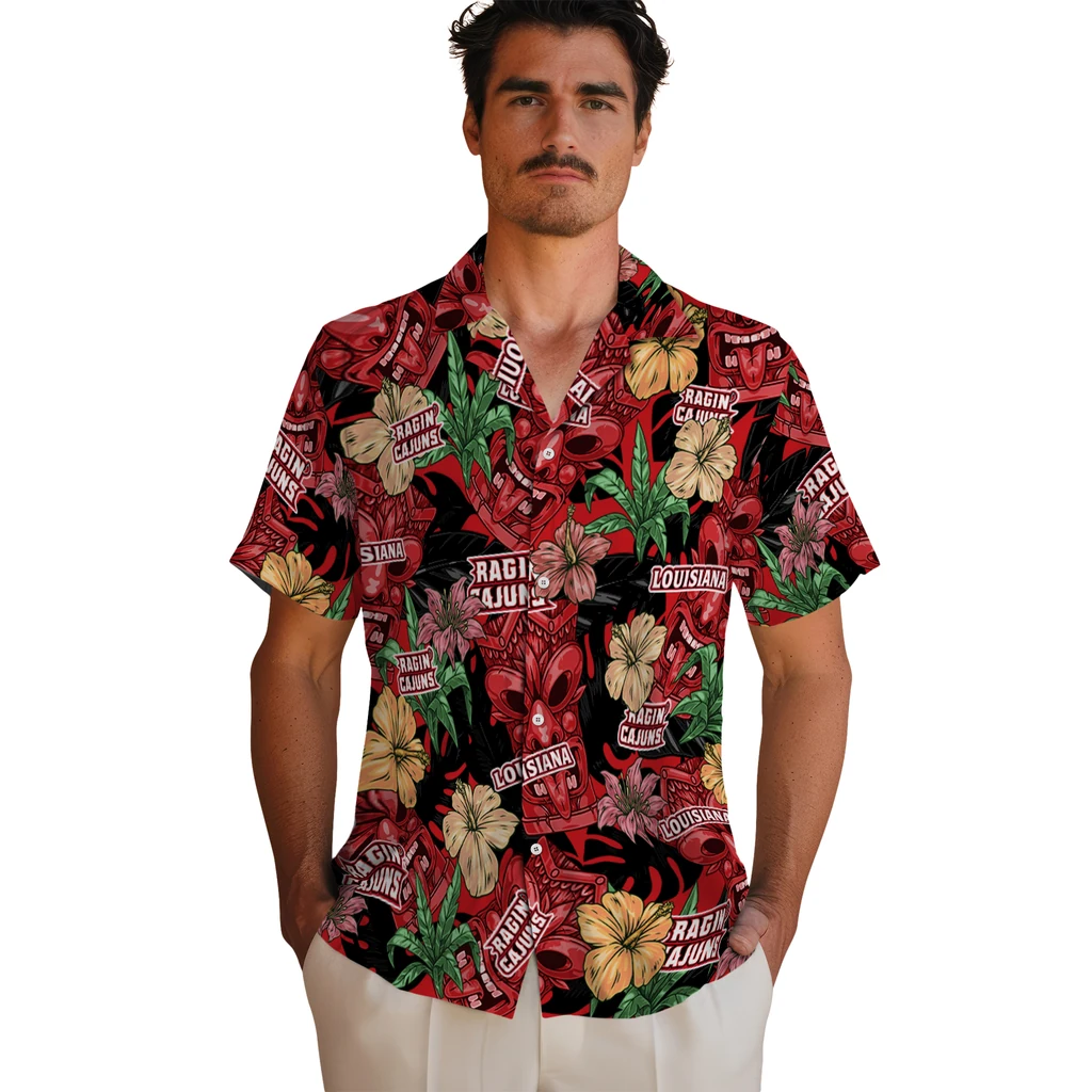 Louisiana Ragin' Cajuns Hawaiian Shirt - Hibiscus Tiki Jungle louisiana ragin cajuns tiki jungle red hawaiian shirts fashion forward