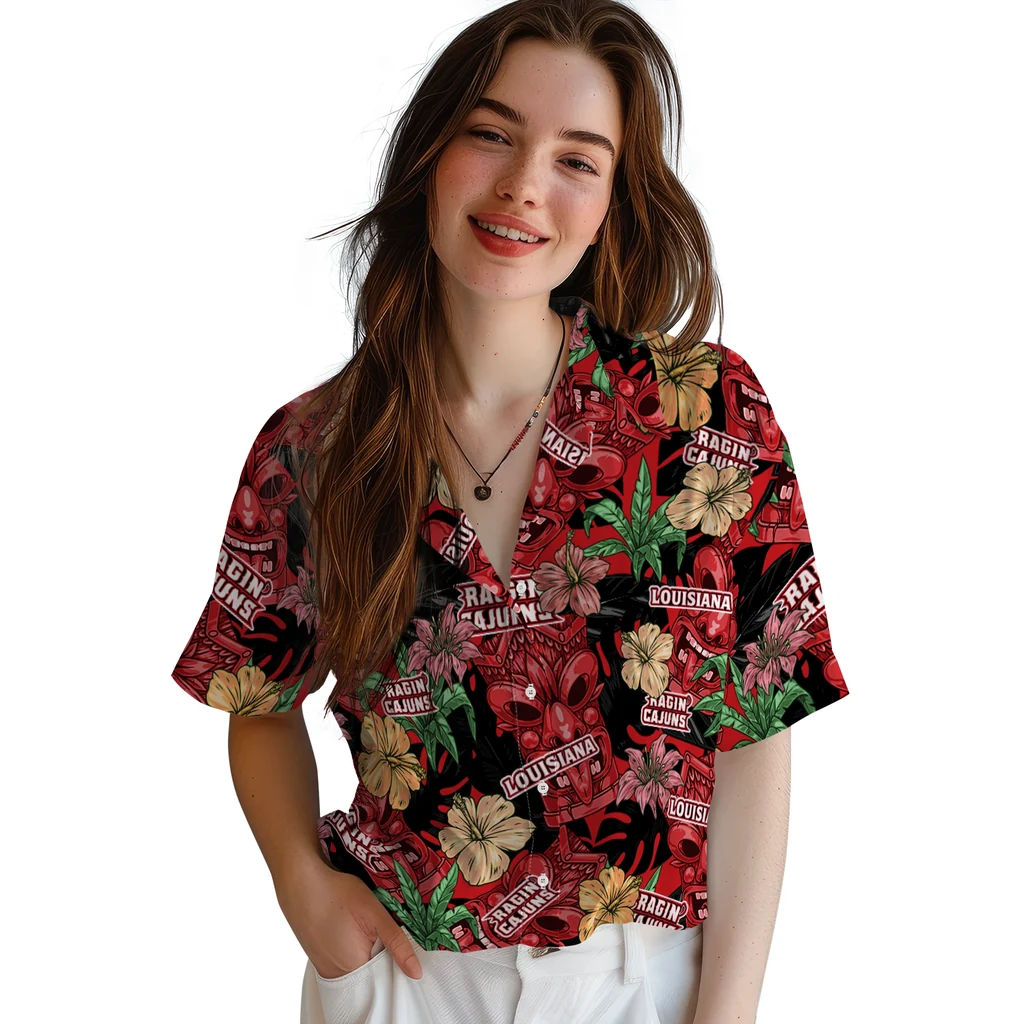 Louisiana Ragin' Cajuns Hawaiian Shirt - Hibiscus Tiki Jungle louisiana ragin cajuns tiki jungle red hawaiian shirts latest model