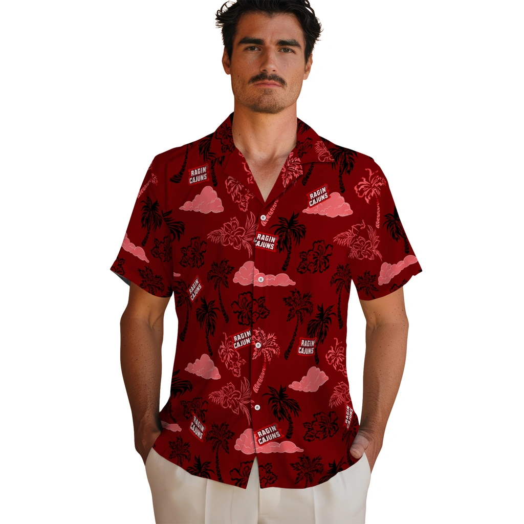 Louisiana Ragin' Cajuns Hawaiian Shirt - Palm And Clouds louisiana ragin cajuns palm and clouds red hawaiian shirts fashion forward