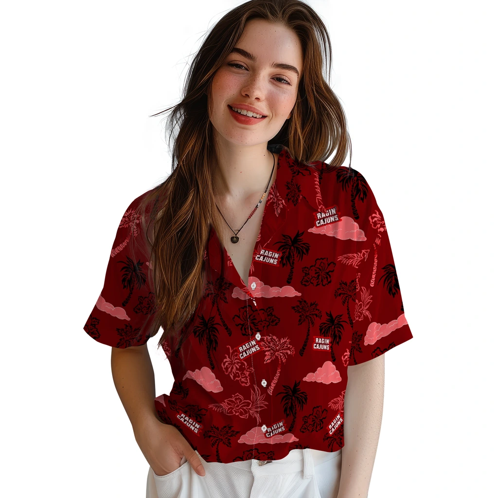 Louisiana Ragin' Cajuns Hawaiian Shirt - Palm And Clouds louisiana ragin cajuns palm and clouds red hawaiian shirts latest model