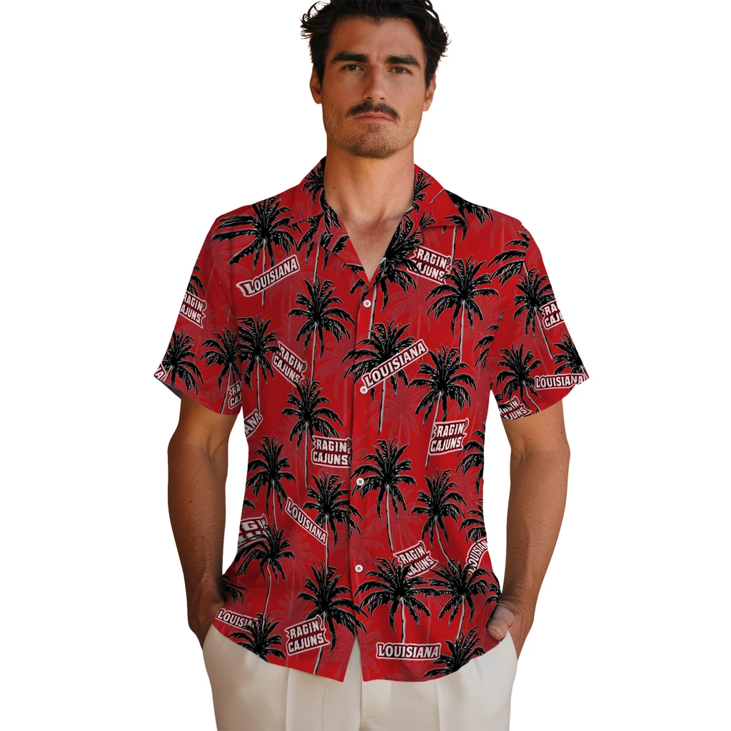 Louisiana Ragin' Cajuns Hawaiian Shirt - Palm Tree Motif louisiana ragin cajuns palm grove red hawaiian shirts fashion forward