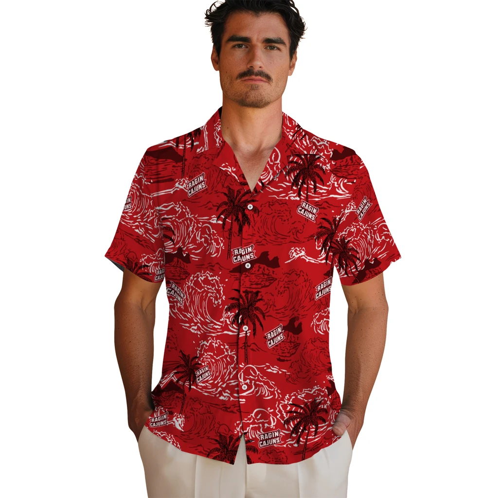 Louisiana Ragin' Cajuns Hawaiian Shirt - Wave Palm louisiana ragin cajuns wave palm red hawaiian shirts fashion forward