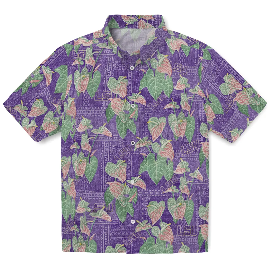 LSU Tigers Hawaiian Shirt - Anthurium Overlay lsu tigers anthurium overlay purple hawaiian shirts best selling