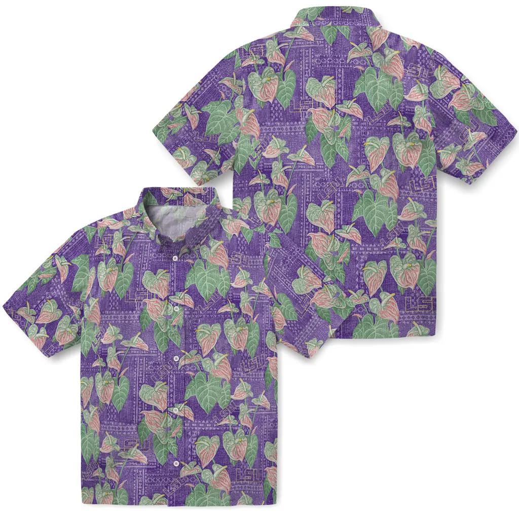 LSU Tigers Hawaiian Shirt - Anthurium Overlay lsu tigers anthurium overlay purple hawaiian shirts high quality