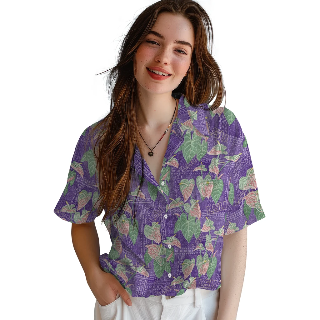 LSU Tigers Hawaiian Shirt - Anthurium Overlay lsu tigers anthurium overlay purple hawaiian shirts latest model