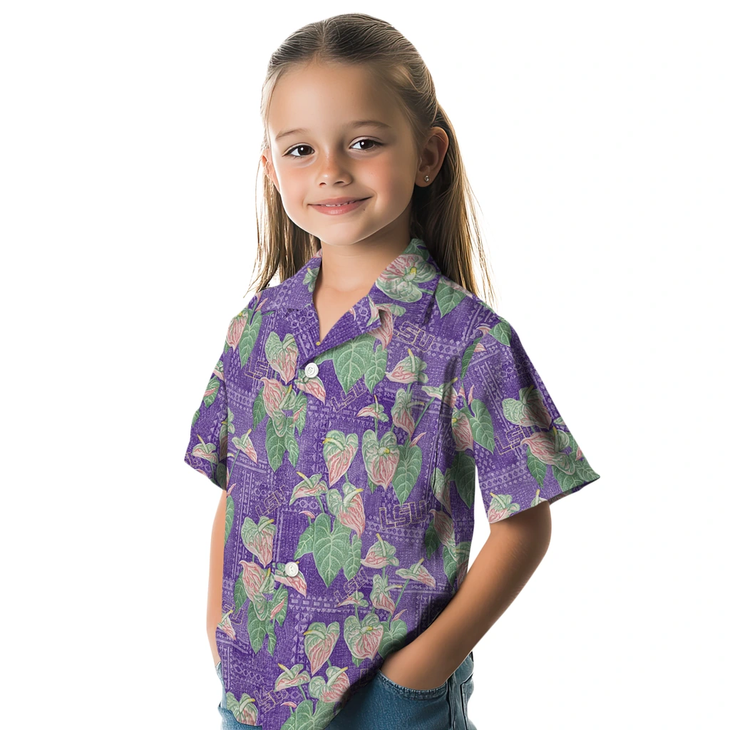 LSU Tigers Hawaiian Shirt - Anthurium Overlay lsu tigers anthurium overlay purple hawaiian shirts premium grade