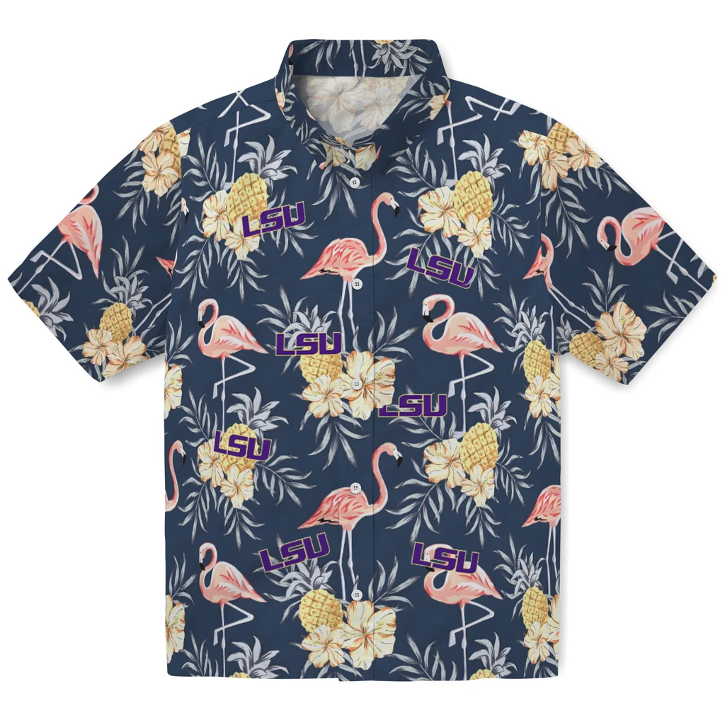 LSU Tigers Hawaiian Shirt - Flamingo Hibiscus lsu tigers flamingo hibiscus navy hawaiian shirts best selling